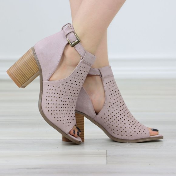 Shoes - Peep Toe Mauve Faux Leather Heeled Ankle Booties